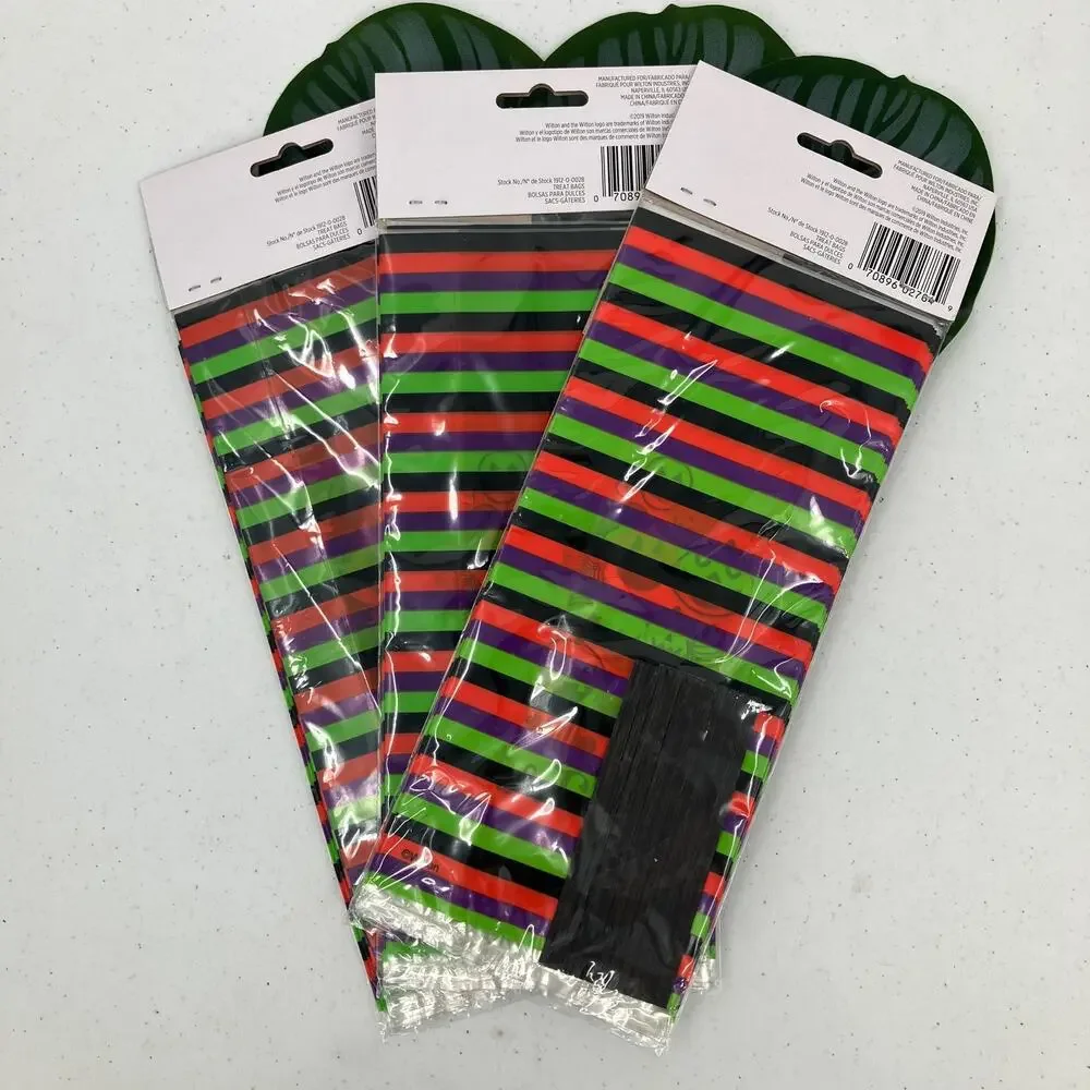 Wilton Multi Color Stripe Halloween Plastic Twist Tie Treat Party Favor Bags Set